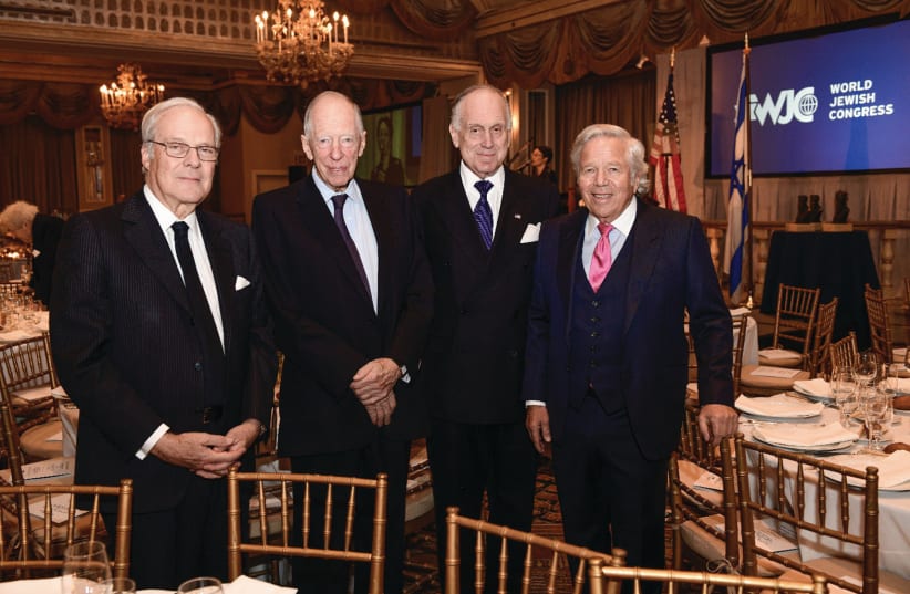FROM LEFT: Baron David de Rothschild, Lord Jacob Rothschild, Ronald S. Lauder and Robert Kraft.  (photo credit: SHAHAR AZRAN / WJC)