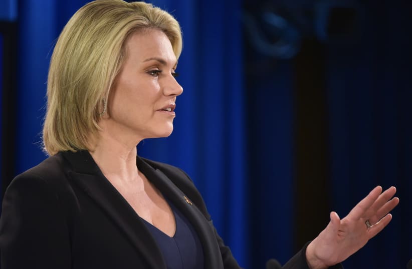 State Department Spokesperson Heather Nauert speaks during a briefing at the State Department in Washington, DC on November 30, 2017 (photo credit: AFP PHOTO)