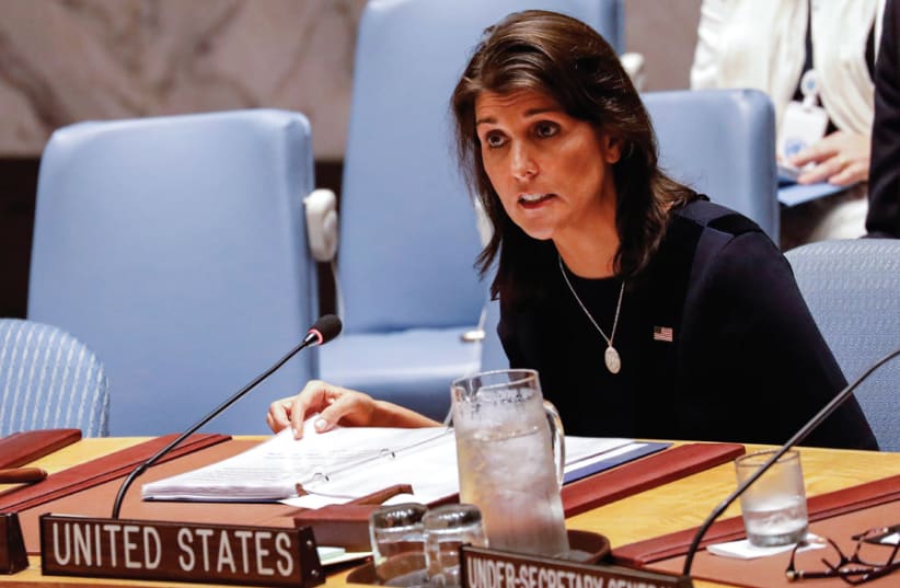 US AMBASSADOR to the United Nations Nikki Haley speaks during a United Nations Security Council meeting in September. (photo credit: REUTERS)