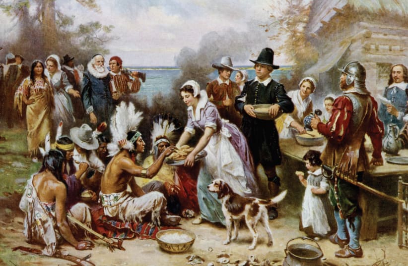 ‘The First Thanksgiving 1621,’ oil on canvas by Jean Leon Gerome Ferris, 1899. (photo credit: Wikimedia Commons)