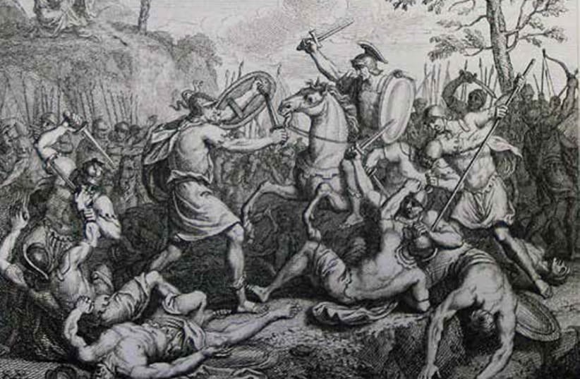 ‘JOSHUA FIGHTING Amalek,’ print from the Phillip Medhurst Collection of Bible illustrations at St. George’s Court. (photo credit: Wikimedia Commons)
