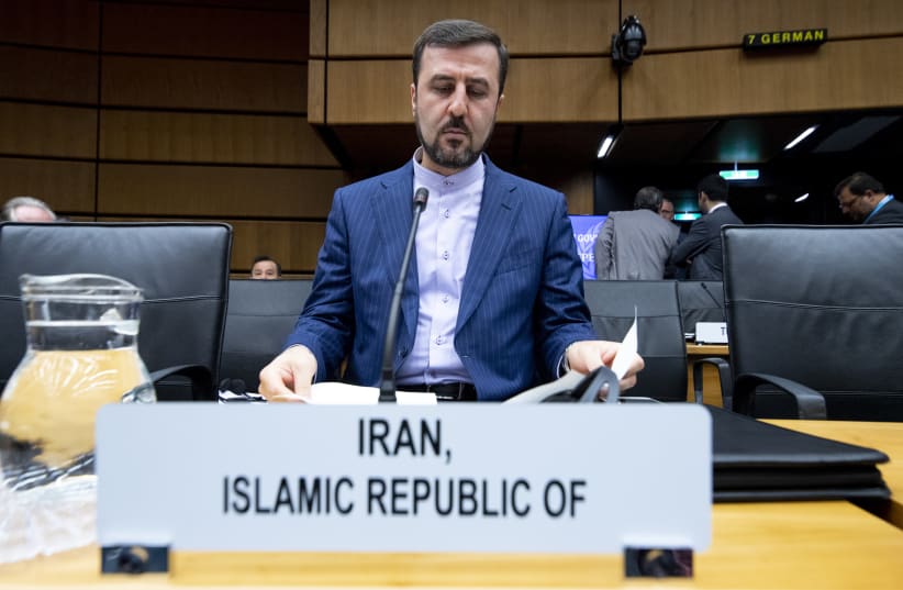 Recently appointed Iran's governor to IAEA Kazem Gharib Abadi prepares for the opening of the International Atomic Energy Agency (IAEA) Board of Governors meeting at the IAEA headquarters in Vienna, Austria on September 10, 2018 (photo credit: JOE KLAMAR / AFP)