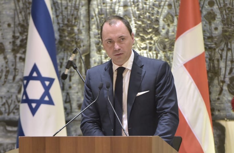 Danish Minister for Higher Education and Science Tommy Ahlers speaks at the President's Residence during his visit to Israel  (photo credit: YOSSI ZWECKER)