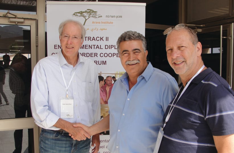 MK Amir Peretz (Zionist Union) with former US ambassador Dennis Ross (left) and David Lehrer, executive director of the Arava Institutewith former US ambassador Dennis Ross (left) and David Lehrer, executive director of the Arava Institute at the Arava Institute’s Track II forum in 2017 (photo credit: Courtesy)