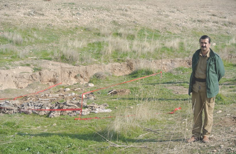 A Yazidi man stands next to a mass grave discovered in November 2015 after Kurdish forces liberated Sinjar from Islamic State (photo credit: SETH J. FRANTZMAN)