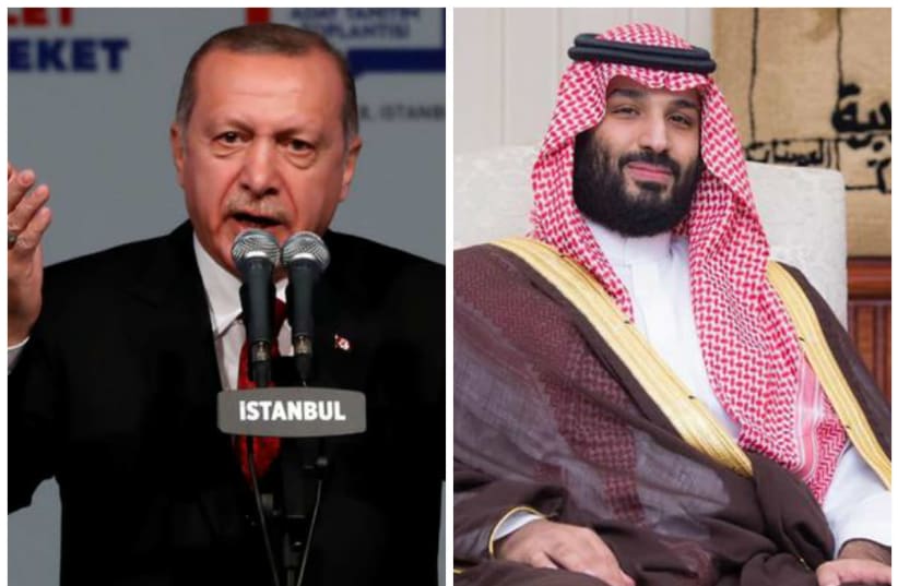 Turkish President Tayyip Erdogan (L) and Saudi Prince Mohammed bin Salman (R) (photo credit: REUTERS/MURAD SEZER & BANDAR ALGALOUD/COURTESY OF SAUDI ROYAL COURT/HANDOUT VIA REUTERS)