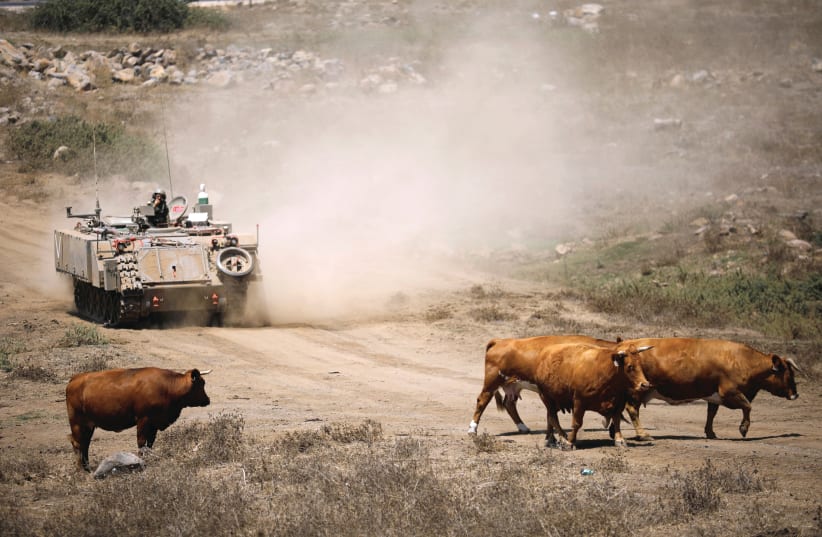AN ARMORED VEHICLE rides during an army drill after the visit of former defense minister Avigdor Lieberman to the Israeli side of the Golan Heights in August. (photo credit: AMIR COHEN/REUTERS)