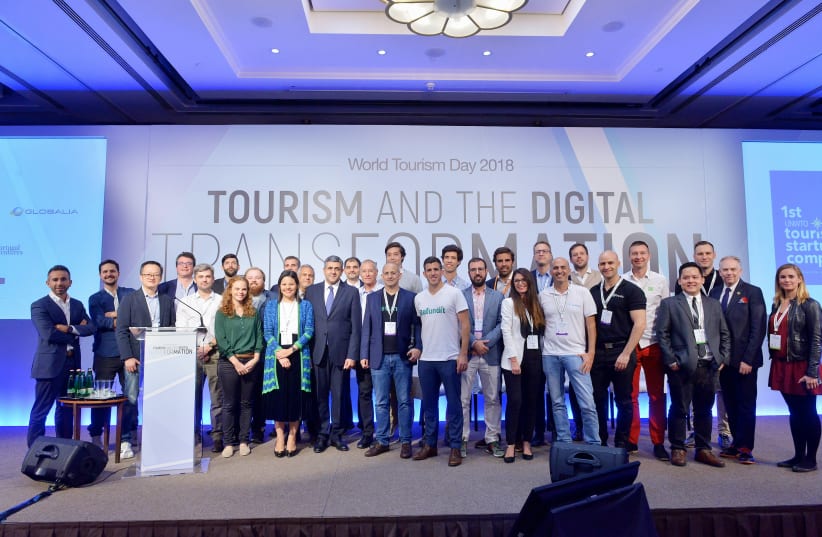 Israeli companies with Zurab Pololikashvili, Secretary-General of the World Tourism Organization, at the start-up competition semi-final (photo credit: UNWTO/WORLD TOURISM DAY 2018)