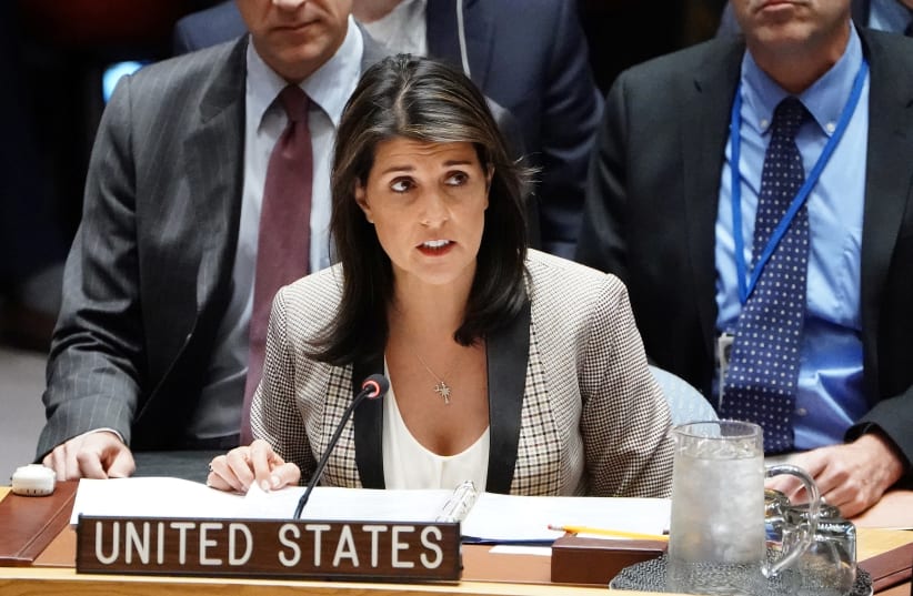 United States Ambassador to the United Nations Nikki Haley speaks during a meeting of the United Nations Security Council about the situation in Crimea at U.N. Headquarters in the Manhattan borough of New York City, New York, U.S., November 26, 2018 (photo credit: REUTERS/CARLO ALLEGRI)