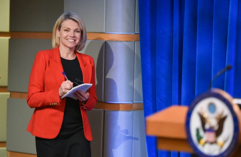 Heather Nauert arrives for the release of the 2017 Annual Report on International Religious Freedom on May 29, 2018, in the Press Briefing Room at the US Department of State in Washington, DC (photo credit: MANDEL NGAN / AFP)