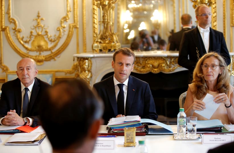 French President Emmanuel Macron, Interior Minister Gerard Collomb, Justice Minister Nicole Belloubet in cabinet meeting, 2018. (photo credit: MICHEL EULER / REUTERS)