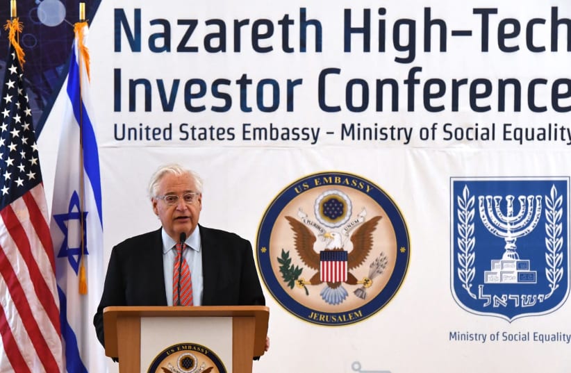 US Ambassador to Israel David Friedman speaks at the inaugural Nazareth Hi-Tech Investor Conference, December 11, 2018 (photo credit: MATTY STERN/US EMBASSY JERUSALEM)