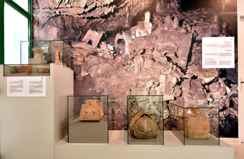 Part of the treasure from the cave on display. (photo credit: DR. ORIT SHAMIR ANTIQUITIES AUTHORITY/OHAD NIR ANA)