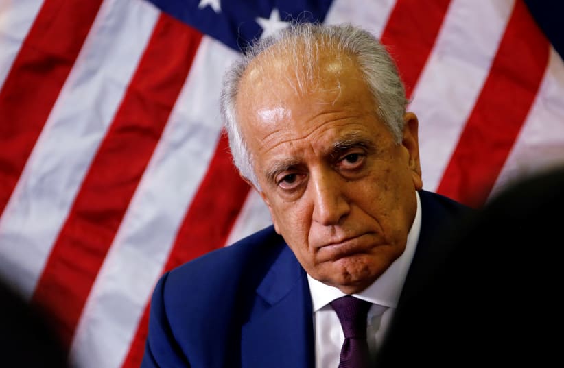 U.S. special envoy for peace in Afghanistan, Zalmay Khalilzad, talks with local reporters at the U.S. embassy in Kabul, Afghanistan November 18, 2018 (photo credit: U.S EMBASSY/HANDOUT VIA REUTERS)