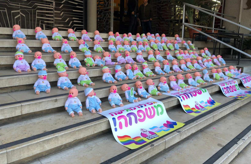 Baby dolls placed in front of the Jabotinsky House in Tel Aviv in protest of the state's opposition to surrogacy law, December 19, 2018 (photo credit: Courtesy)