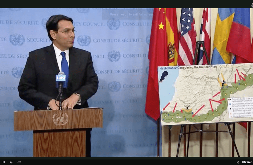 Danny Danon with a map of Hezbollah tunnels in front of the UN Security Council, December 19th, 2018 (photo credit: screenshot)