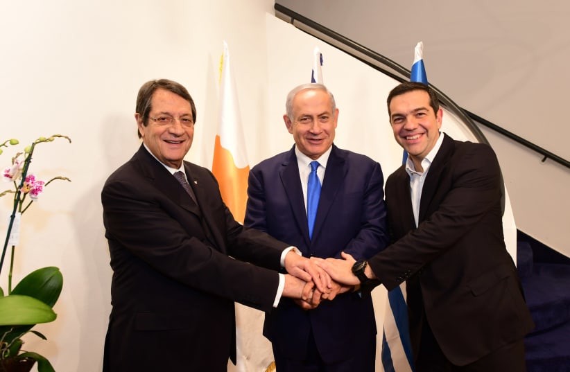 Israel PM Binyamin Netanyahu,Cypriot President Nicos Anastasiades and Greek Prime Minister Alexis Tsipras at Israel-Greece-Cyprus summit on December 20, 2018 (photo credit: PMO)