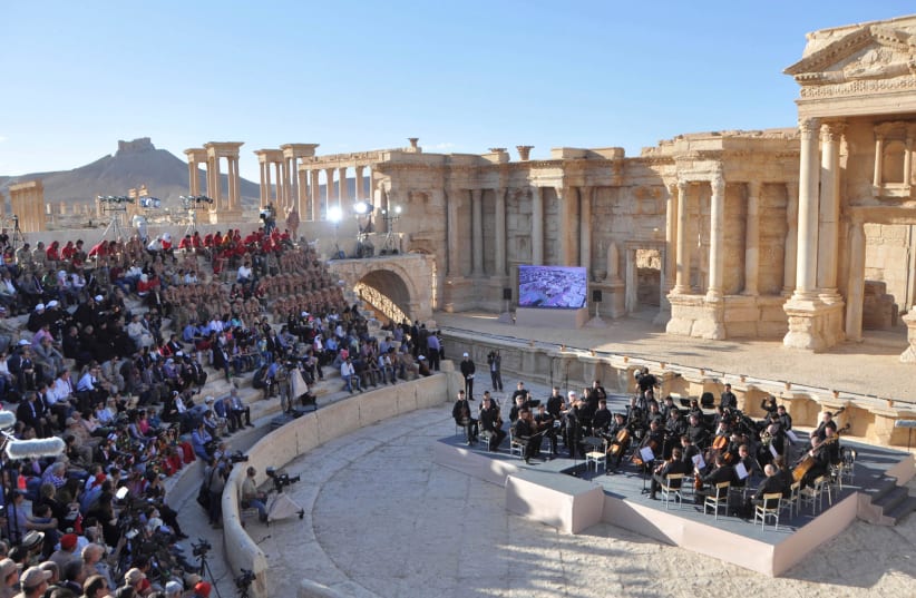 Russia's Mariinsky Theatre performs at the amphitheatre of the Syrian city of Palmyra, Syria in this handout picture provided by SANA on May 5, 2016 (photo credit: SANA/HANDOUT VIA REUTERS)