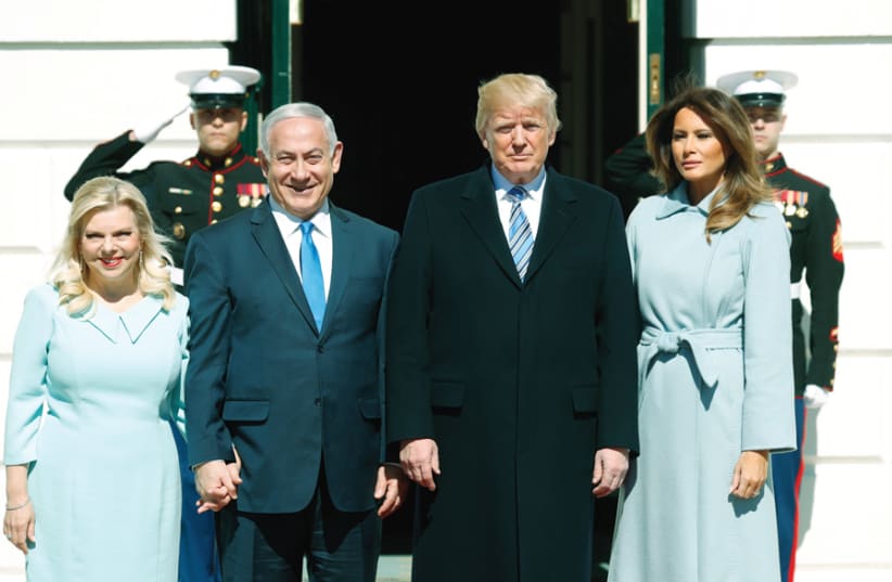 US PRESIDENT Donald Trump and First Lady Melania Trump welcome Prime Minister Benjamin Netanyahu and his wife Sara Netanyahu at the White House in Washington on March 5. (photo credit: REUTERS)
