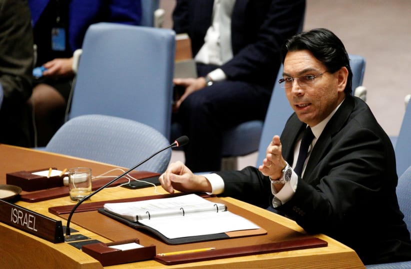 Israel's Ambassador to the United Nations Danny Danon speaks during the United Nations Security Council meeting on the situation in the Middle East, including Palestine, at U.N. Headquarters in New York City, New York, U.S., December 18, 2017 (photo credit: REUTERS/BRENDAN MCDERMID)