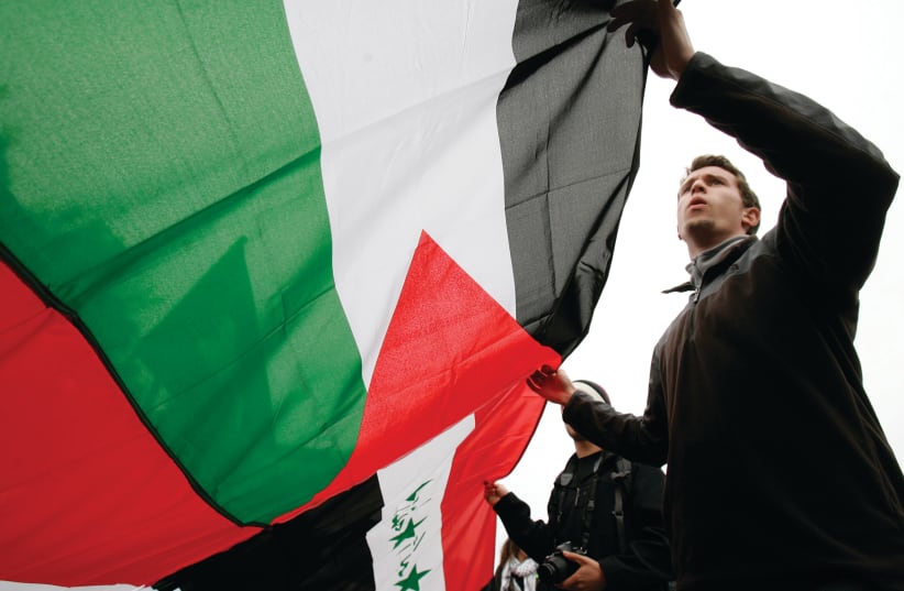 DEMONSTRATORS CARRY a Palestinian flag in California. (photo credit: REUTERS)