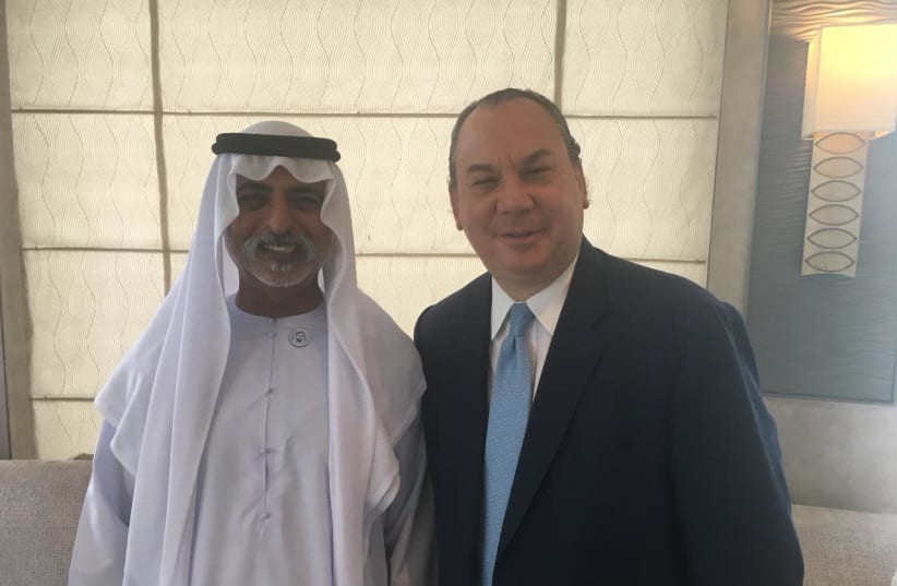 Rabbi Marc Schneier with United Arab Emirate's Minister of Tolerance, Sheikh Nahyan bin Mubarak. Schneier said Gulf States have asked him to help create a relationship with Evangelical Christians in the US. (photo credit: COURTESY OF THE FOUNDATION FOR ETHNIC UNDERSTANDING.)