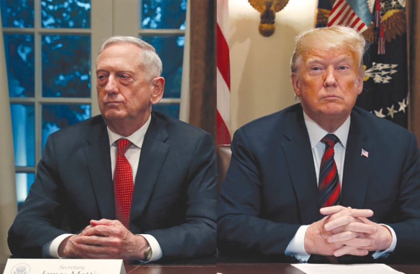 A difference of opinion: US President Donald Trump and Secretary of Defense James Mattis, who resigned over Trump’s decision to withdraw US troops from Syria (photo credit: REUTERS)