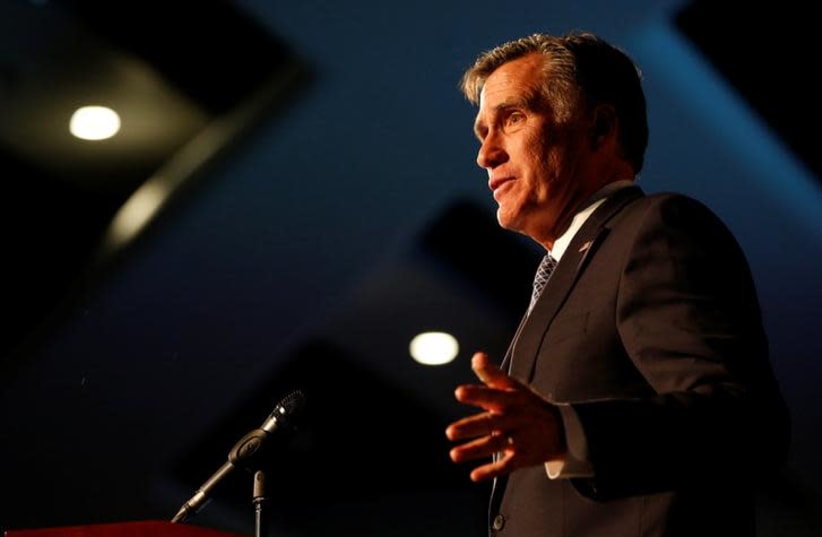 Former U.S. presidential candidate Mitt Romney speaks at the Utah County Republican Party Lincoln Day Dinner, in Provo, Utah, U.S. February 16, 2018. (photo credit: REUTERS/JIM URQUHART)