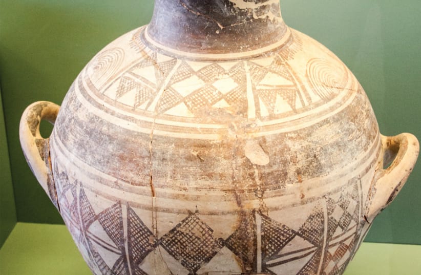 A WARRIOR’S cremation urn, 900-850 BCE, Archaeological Museum of Rhodes. (photo credit: Wikimedia Commons)