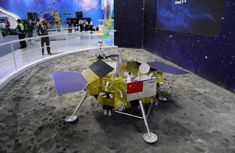 A model of the moon lander for China's Chang'e 4 lunar probe is displayed at the China International Aviation and Aerospace Exhibition, or Zhuhai Airshow, in Zhuhai, Guangdong province, China November 6, 2018. Picture taken November 6, 2018 (photo credit: WANG XU/CHINA SPACE NEWS VIA REUTERS)