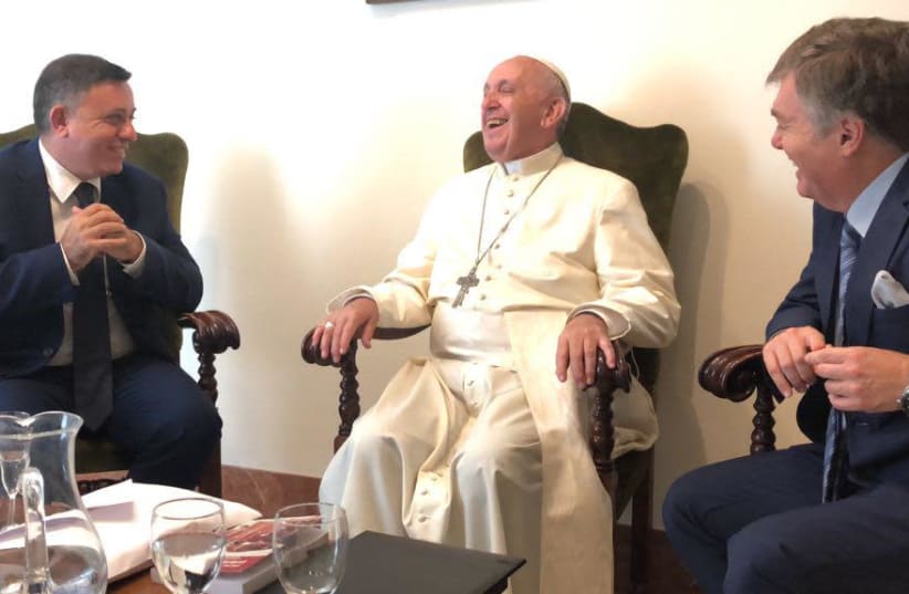 Labor leader Avi Gabbay and Labor Knesset candidate Henrique Cymerman meet with Pope Francis at the Vatican in July (photo credit: YAEL KEHAT)