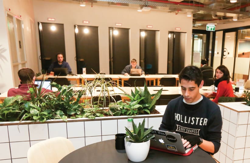 Members work at Hot Desks, shared workspace in the common area on WeWork Jerusalem’s second floor. (photo credit: MARC ISRAEL SELLEM)