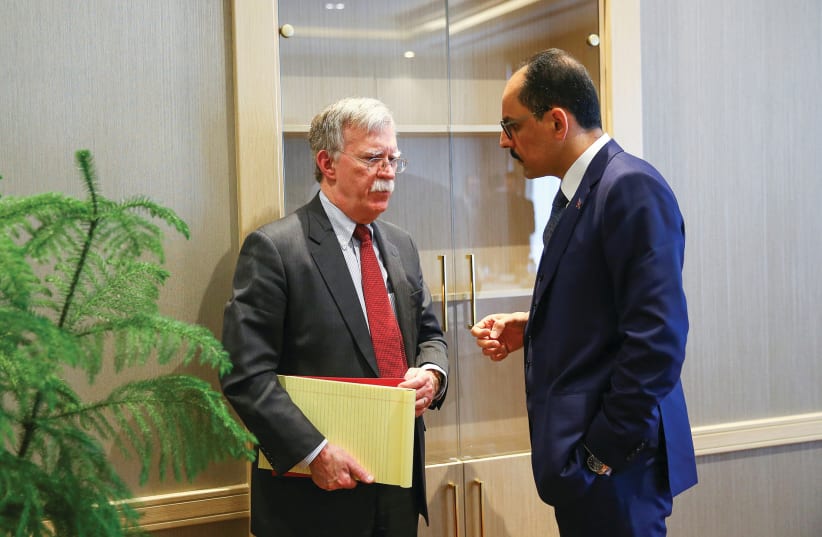 US NATIONAL SECURITY Adviser John Bolton and his Turkish counterpart Ibrahim Kalin meet at the Presidential Palace in Ankara, Tuesday (photo credit: REUTERS)