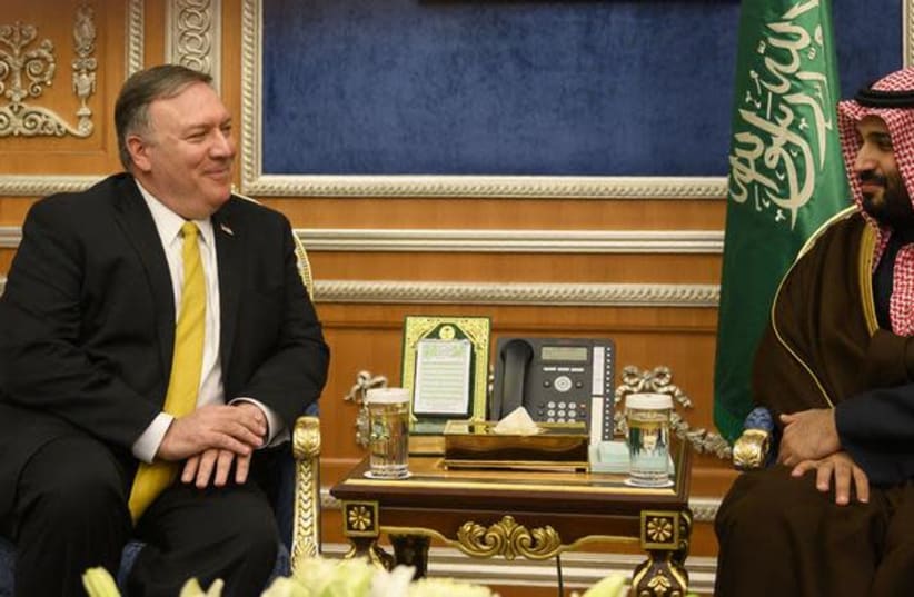 U.S. Secretary of State Mike Pompeo (L) meets with Saudi Crown Prince Mohammed bin Salman in Riyadh, Saudi Arabia January 14, 2019 (photo credit: ANDREW CABALLERO-REYNOLDS / AFP)