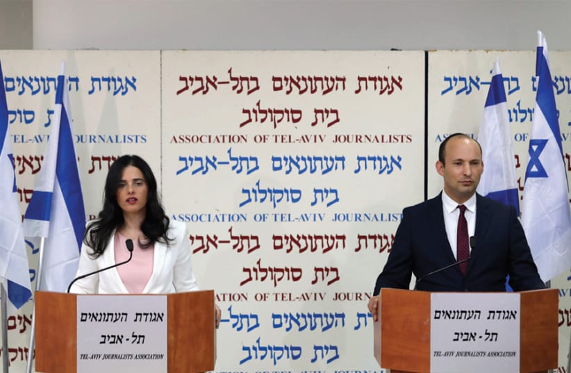 New Right: Naftali Bennett and Justice Minister Ayelet Shaked announce the formation of a new political party in Tel Aviv on December 29 (photo credit: CORINNA KERN/REUTERS)