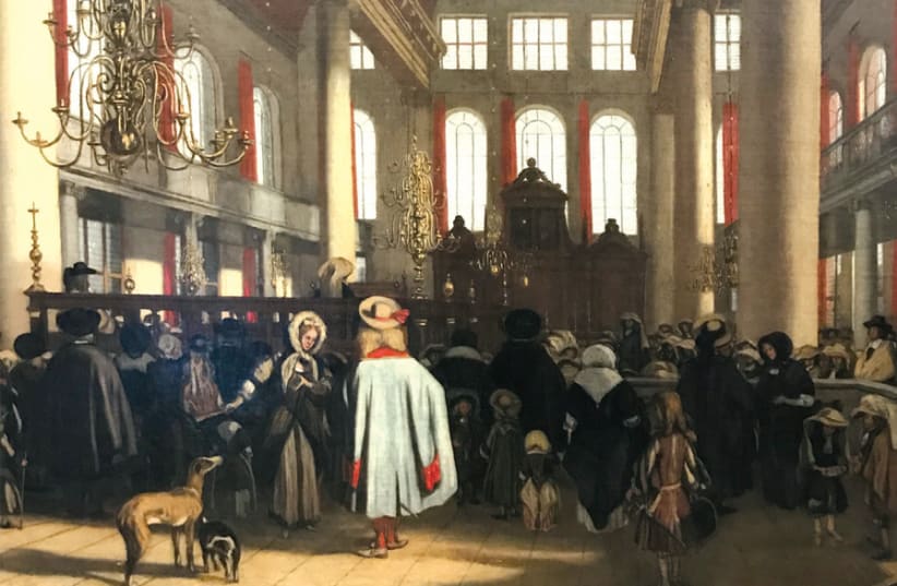 A painting in the Joodse Historische Museum of the Esnoga Synagogue, painted in the 18th century showing the affluence of the Jews at the time (photo credit: ROBERT HERSOWITZ)