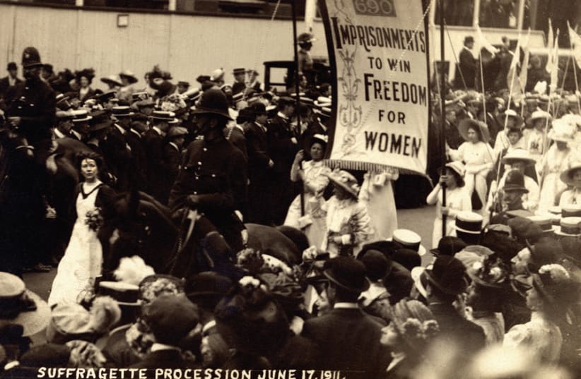 BRITISH SUFFRAGETTE Christabel Pankhurst takes part in a procession, 1911. (photo credit: LSE LIBRARY/FLICKR)