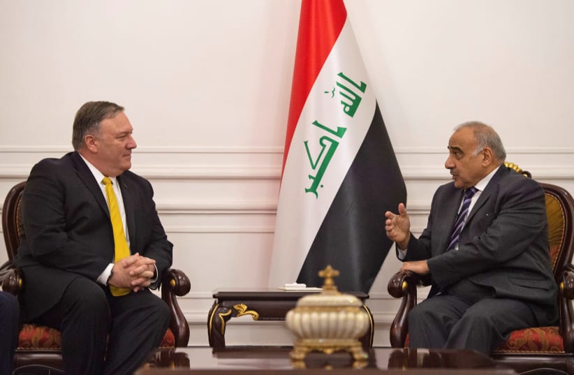 US Secretary of State Mike Pompeo talks with Iraqi Prime Minister Adel Abdul-Mahdi in Baghdad, during a Middle East tour, Iraq, January 9, 2019 (photo credit: ANDREW CABALLERO-REYNOLDS/REUTERS)