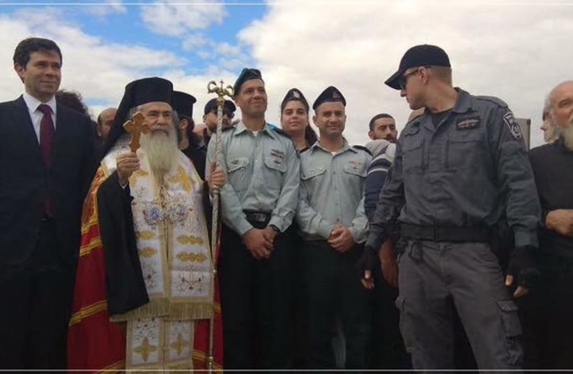 Greek Orthodox Patriarch Theophilos III at the celebration of the Epiphany at Qasr el Yahud, Friday January 18 2019 (photo credit: Courtesy)
