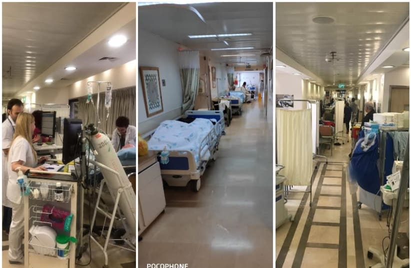 Doctors treat internal medicine ward patients in Israeli hospital corridors (photo credit: Courtesy)