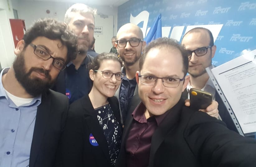 New Likudnik primaries candidates L-R Meiri, Klarman, Weisman-Simhony, Assaf Rothem, Hirshman, and Toyerman take a selfie outside the party's court last week. (photo credit: Courtesy)
