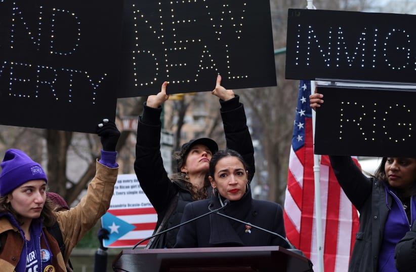 Rep. Alexandria Ocasio-Cortez speaks during a march organized by the Women's March Alliance in the Manhattan borough of New York City, 2019. (photo credit: REUTERS/CAITLIN OCHS)