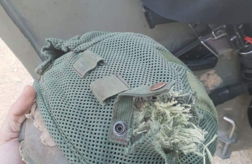 Helmet of IDF soldier hit by terrorist gunfire at Gaza border (photo credit: IDF SPOKESPERSON'S UNIT)
