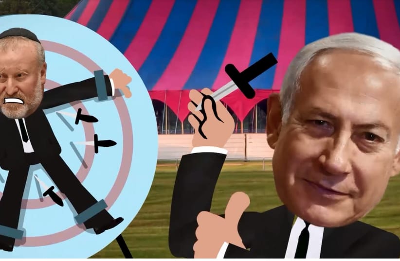 In an election video released by Finance Minister Moshe Kahlon, Netanyahu is depicted as throwing blades at the Attorney General Avichai Mandelblit (photo credit: Courtesy)