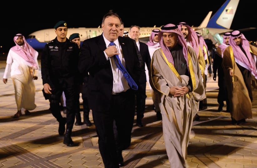 US SECRETARY of State Mike Pompeo is welcomed by Saudi Minister of State for Foreign Affairs Adel al-Jubeir and other dignitaries in Riyadh earlier this month. (photo credit: REUTERS)
