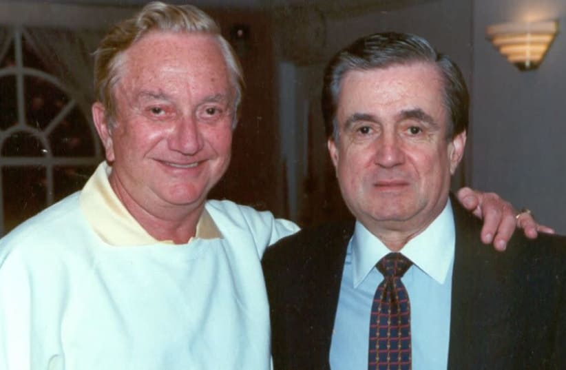 Corporate conglomerate billionaire & legendary financial tycoon, Meshulam Riklis (left) with dear friend & Riviera Vice-President, Sam Distefano (rt) celebrating Riklis' 65th birthday, Dec 2nd, 1988 at the Riviera Hotel and Casino, Las Vegas. (photo credit: WIKIPEDIA)