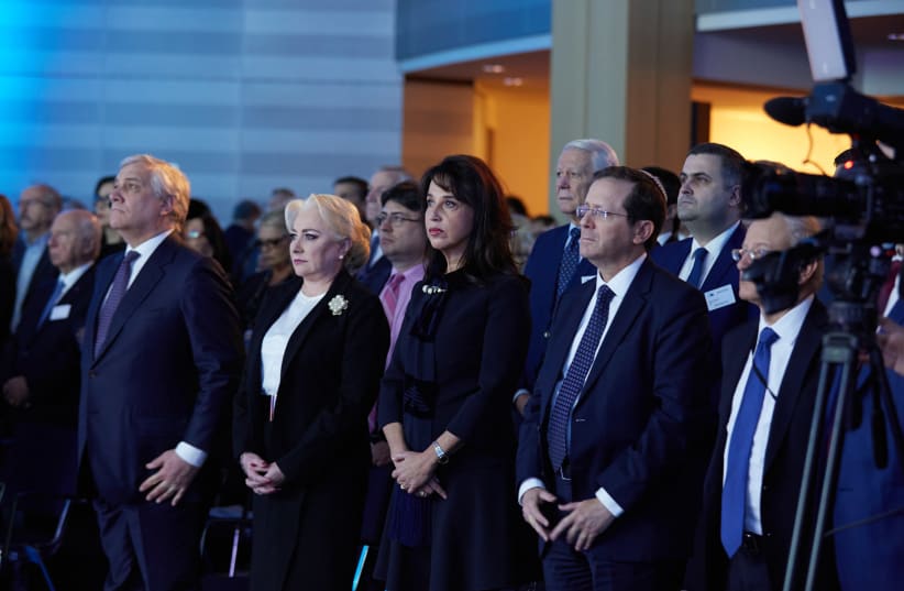 From left: European Parliament President Antonio Tajani, Romanian Prime Minister Viorica Dăncilăl, Raya Kalenova of the European Jewish Congress and Jewish Agency chairman Isaac Herzog (photo credit: SERGEY KAMINSKY)