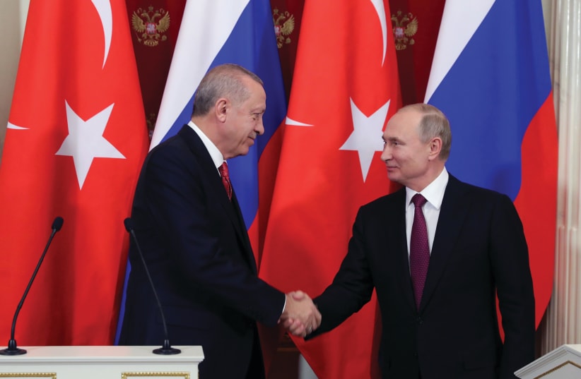 RUSSIAN PRESIDENT Vladimir Putin meets with Turkey’s President Recep Tayyip Erdogan. (photo credit: REUTERS)