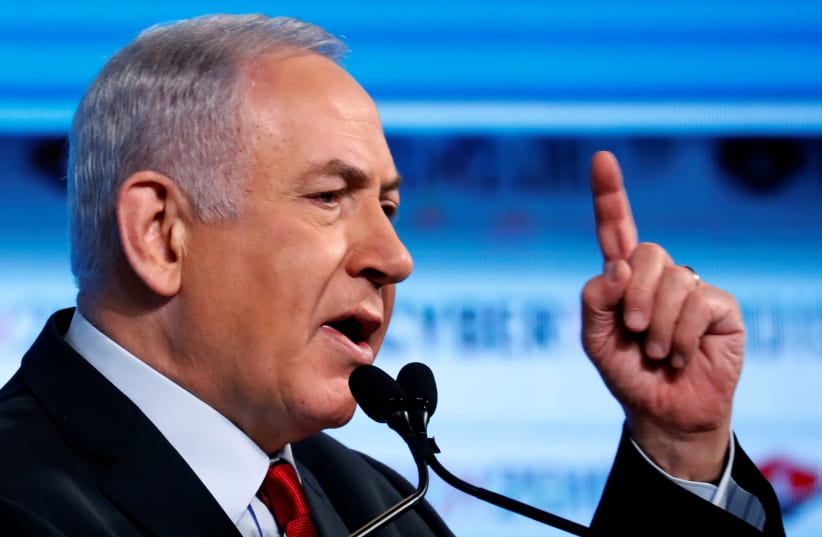 Prime Minister Benjamin Netanyahu gestures as he speaks at the Cybertech 2019 conference in Tel Aviv (photo credit: AMIR COHEN/REUTERS)