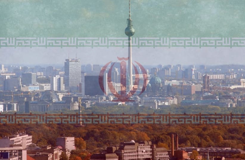 An Iranian flag imposed on the Berlin skyline [Illustrative] (photo credit: Wikimedia Commons)